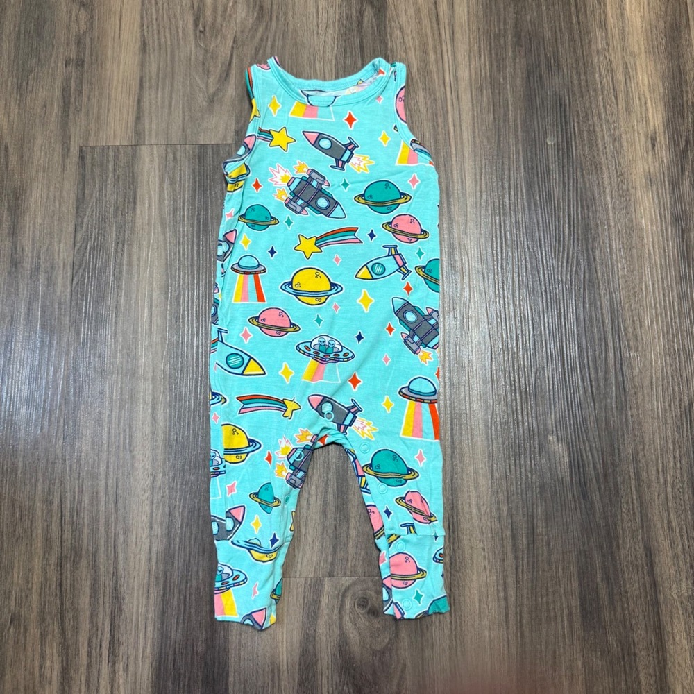 Posh Peanut Romper Baby 3-6M Teal‎ Space Rocket Planet Bamboo Sleeveless
